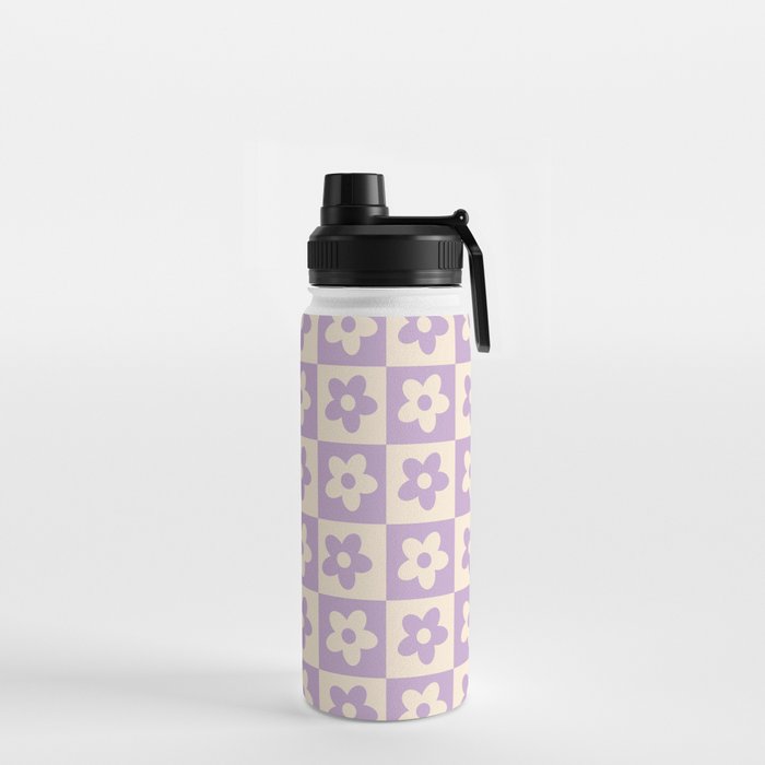 90s flowers checkers cream and lilac Water Bottle