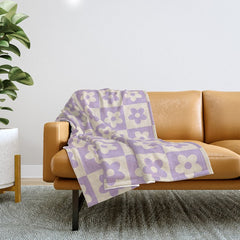 90s flowers checkers cream and lilac Throw Blanket