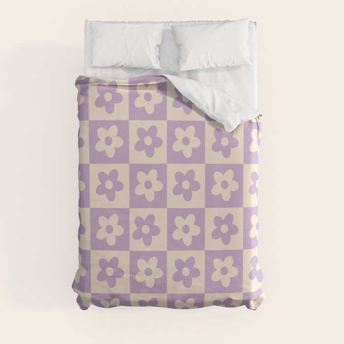 90s flowers checkers cream and lilac Duvet Cover