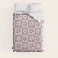 90s flowers checkers cream and lilac Duvet Cover