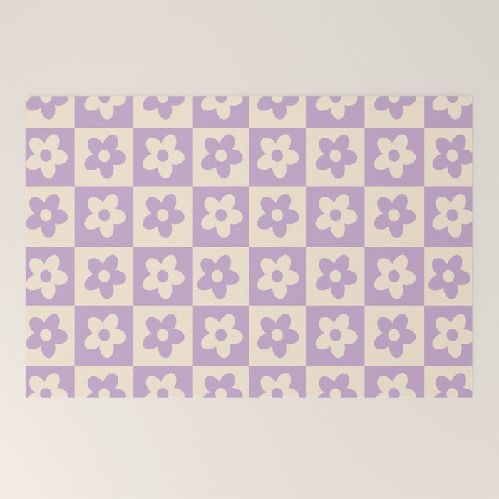 90s flowers checkers cream and lilac Welcome Mat