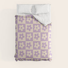 90s flowers checkers cream and lilac Comforter