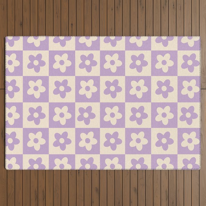 90s flowers checkers cream and lilac Outdoor Rug