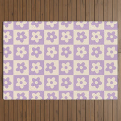 90s flowers checkers cream and lilac Outdoor Rug