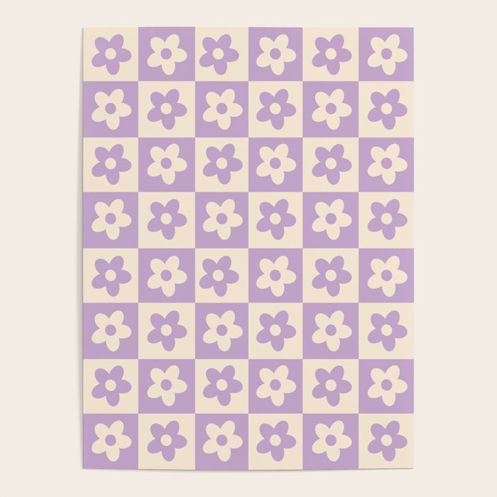 90s flowers checkers cream and lilac Poster