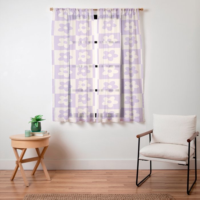 90s flowers checkers cream and lilac Window Curtain