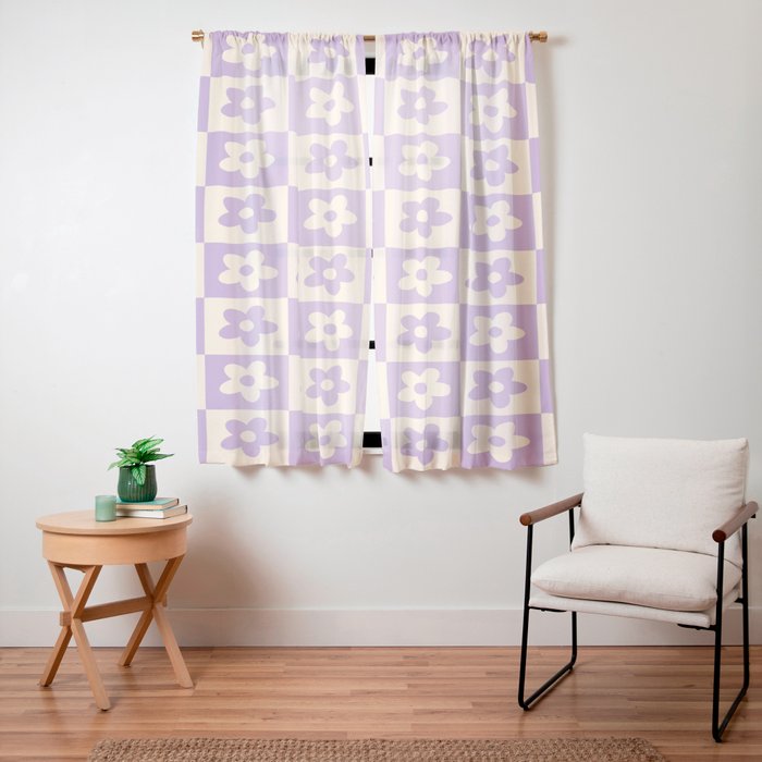 90s flowers checkers cream and lilac Window Curtain