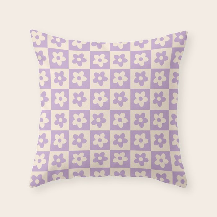 90s flowers checkers cream and lilac Throw Pillow