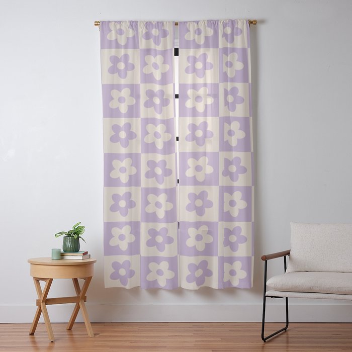 90s flowers checkers cream and lilac Window Curtain