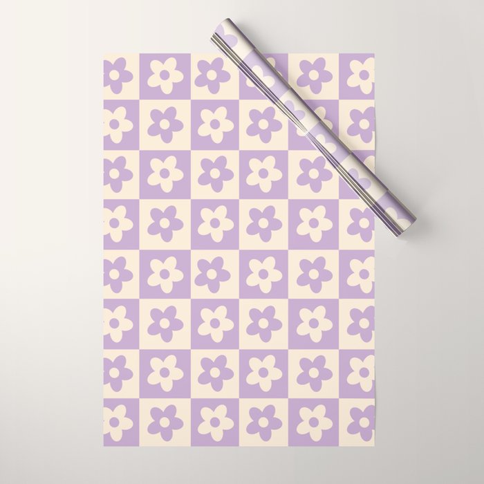 90s flowers checkers cream and lilac Wrapping Paper
