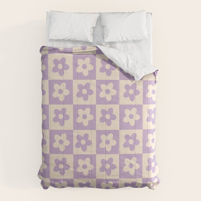 90s flowers checkers cream and lilac Comforter