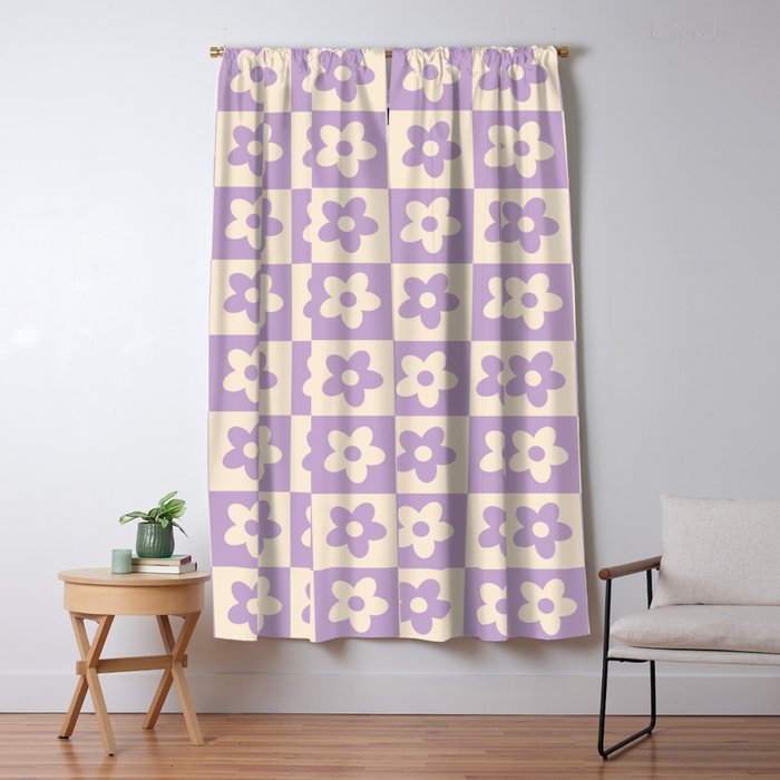 90s flowers checkers cream and lilac Window Curtain