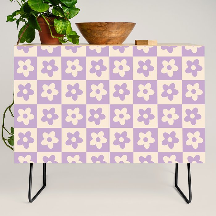 90s flowers checkers cream and lilac Credenza