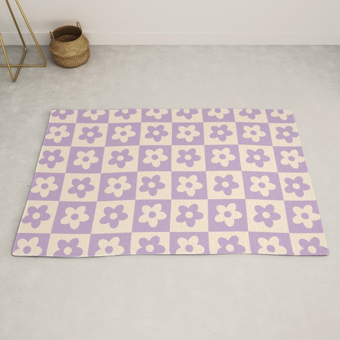 90s flowers checkers cream and lilac Rug