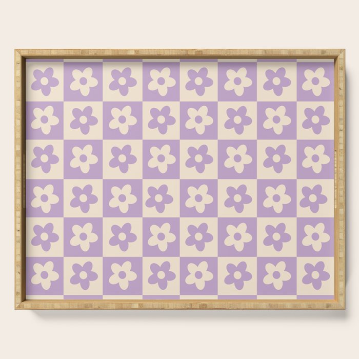 90s flowers checkers cream and lilac Serving Tray
