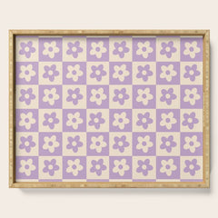 90s flowers checkers cream and lilac Serving Tray