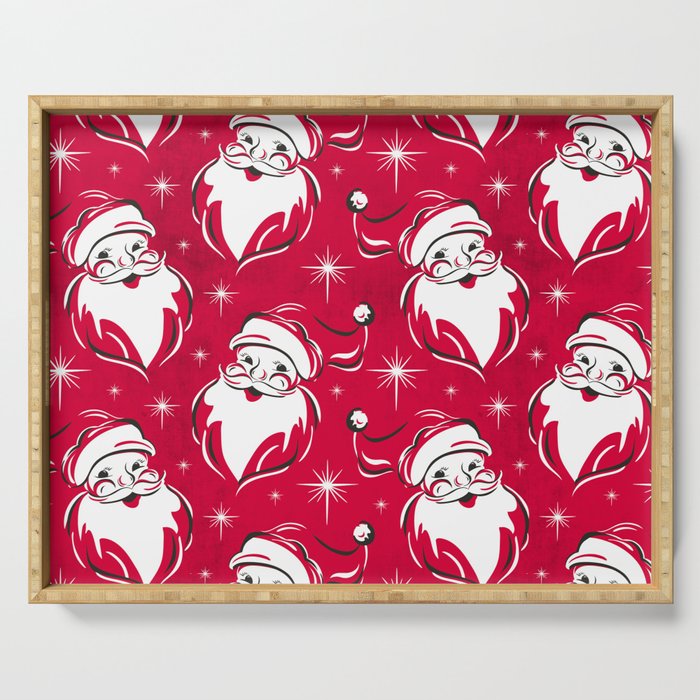 Tis The Season Retro Santa Red White Pattern Serving Tray