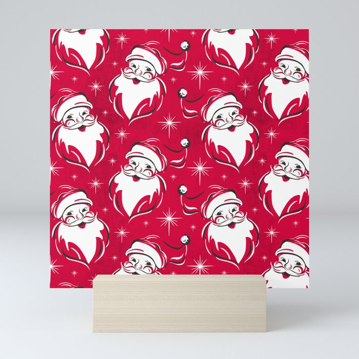 Tis The Season Retro Santa Red White Pattern Mini Art Print