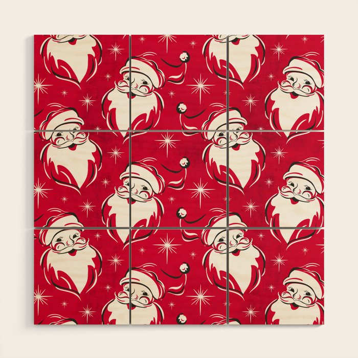 Tis The Season Retro Santa Red White Pattern Wood Wall Art