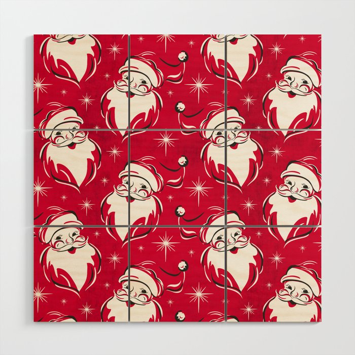 Tis The Season Retro Santa Red White Pattern Wood Wall Art