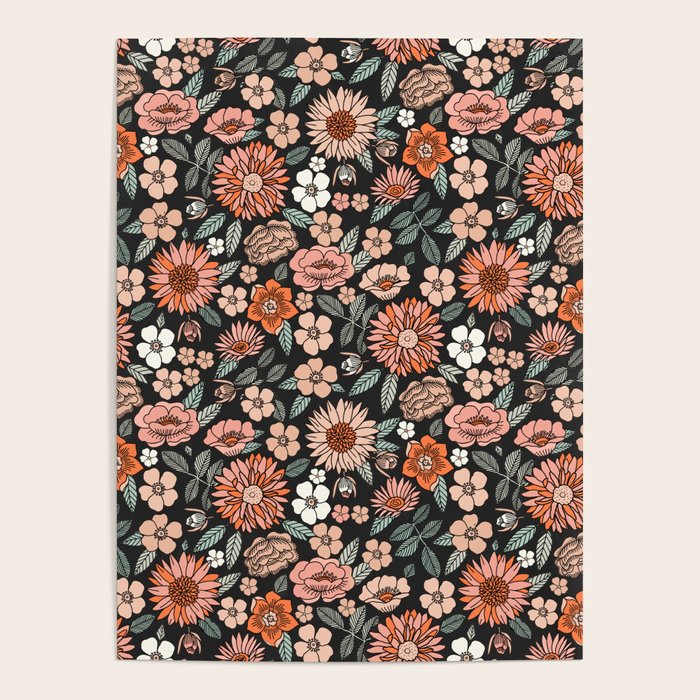 70s flowers - 70s, retro, spring, floral, florals, floral pattern, retro flowers, boho, hippie, earthy, muted Poster