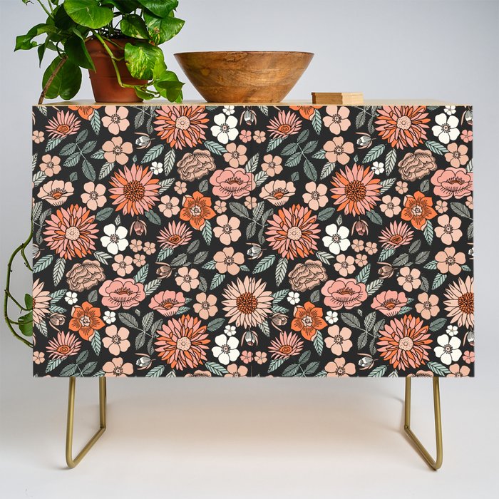 70s flowers - 70s, retro, spring, floral, florals, floral pattern, retro flowers, boho, hippie, earthy, muted Credenza