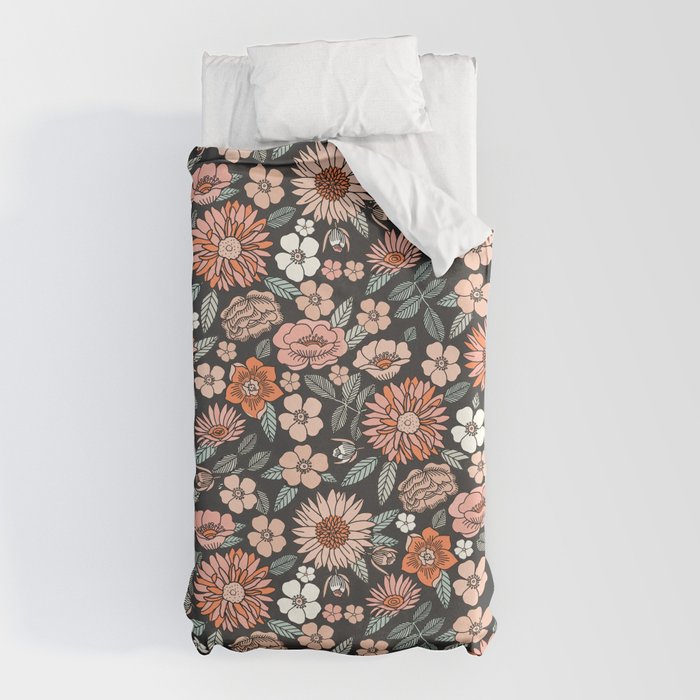 70s flowers - 70s, retro, spring, floral, florals, floral pattern, retro flowers, boho, hippie, earthy, muted Duvet Cover