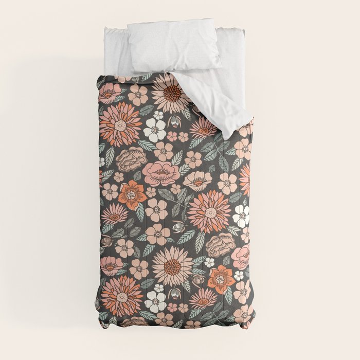70s flowers - 70s, retro, spring, floral, florals, floral pattern, retro flowers, boho, hippie, earthy, muted Comforter