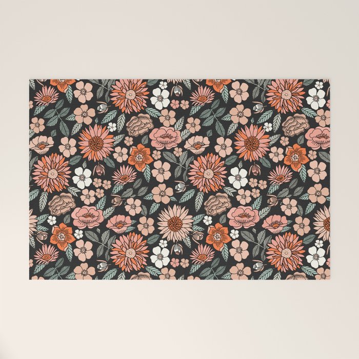 70s flowers - 70s, retro, spring, floral, florals, floral pattern, retro flowers, boho, hippie, earthy, muted Welcome Mat