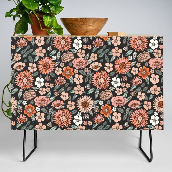 70s flowers - 70s, retro, spring, floral, florals, floral pattern, retro flowers, boho, hippie, earthy, muted Credenza