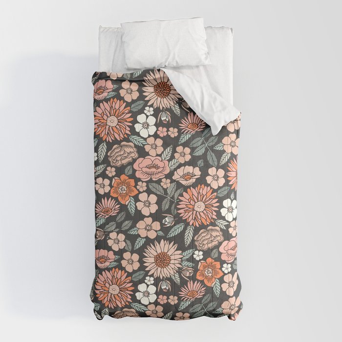 70s flowers - 70s, retro, spring, floral, florals, floral pattern, retro flowers, boho, hippie, earthy, muted Comforter