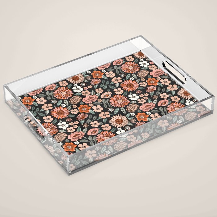 70s flowers - 70s, retro, spring, floral, florals, floral pattern, retro flowers, boho, hippie, earthy, muted Acrylic Tray
