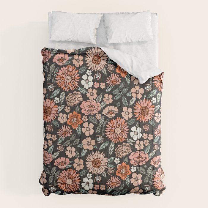 70s flowers - 70s, retro, spring, floral, florals, floral pattern, retro flowers, boho, hippie, earthy, muted Comforter