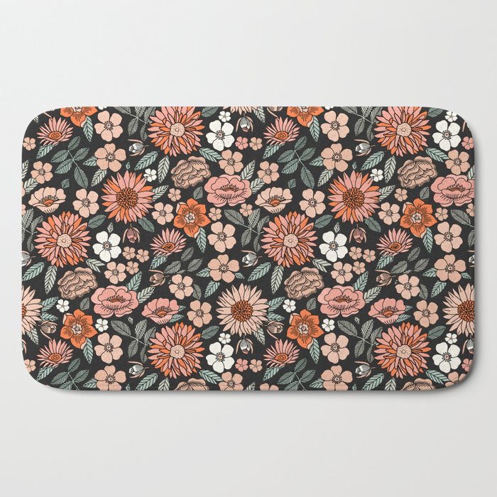 70s flowers - 70s, retro, spring, floral, florals, floral pattern, retro flowers, boho, hippie, earthy, muted Bath Mat