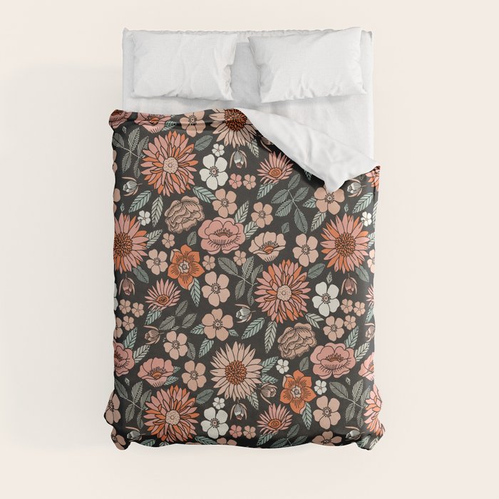 70s flowers - 70s, retro, spring, floral, florals, floral pattern, retro flowers, boho, hippie, earthy, muted Duvet Cover