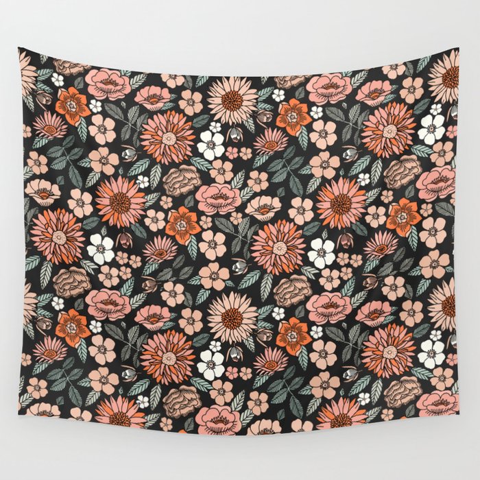 70s flowers - 70s, retro, spring, floral, florals, floral pattern, retro flowers, boho, hippie, earthy, muted Wall Tapestry