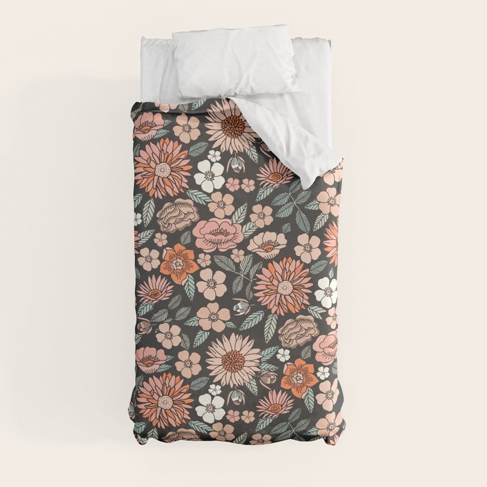 70s flowers - 70s, retro, spring, floral, florals, floral pattern, retro flowers, boho, hippie, earthy, muted Duvet Cover