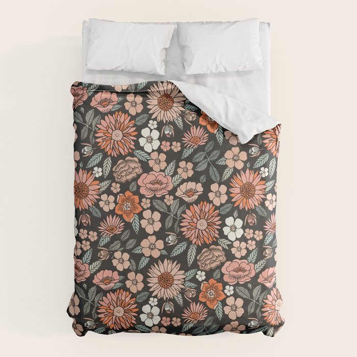 70s flowers - 70s, retro, spring, floral, florals, floral pattern, retro flowers, boho, hippie, earthy, muted Duvet Cover