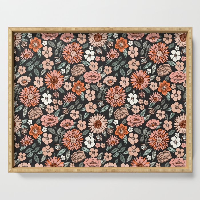 70s flowers - 70s, retro, spring, floral, florals, floral pattern, retro flowers, boho, hippie, earthy, muted Serving Tray