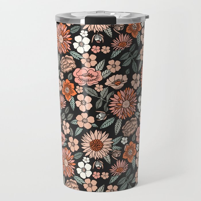 70s flowers - 70s, retro, spring, floral, florals, floral pattern, retro flowers, boho, hippie, earthy, muted Travel Mug