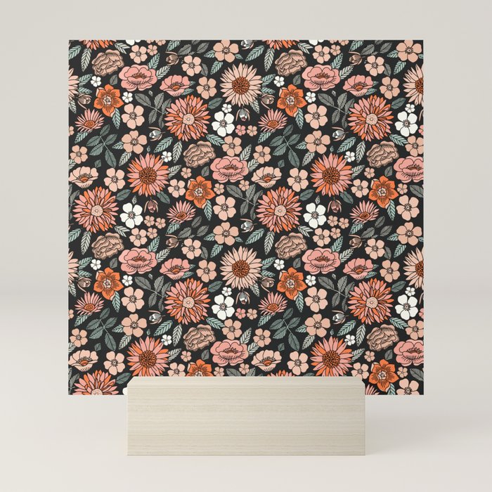 70s flowers - 70s, retro, spring, floral, florals, floral pattern, retro flowers, boho, hippie, earthy, muted Mini Art Print