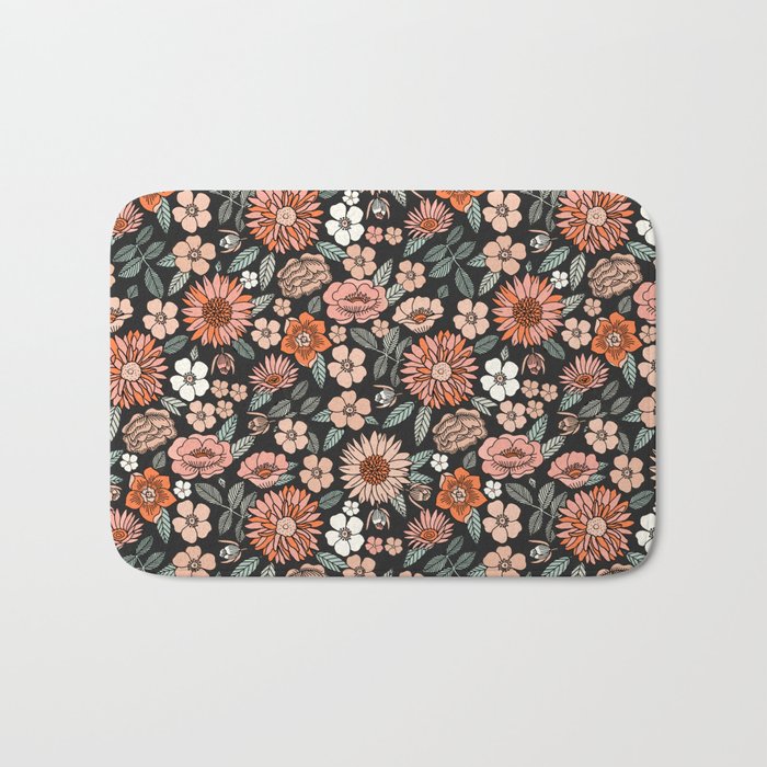 70s flowers - 70s, retro, spring, floral, florals, floral pattern, retro flowers, boho, hippie, earthy, muted Bath Mat