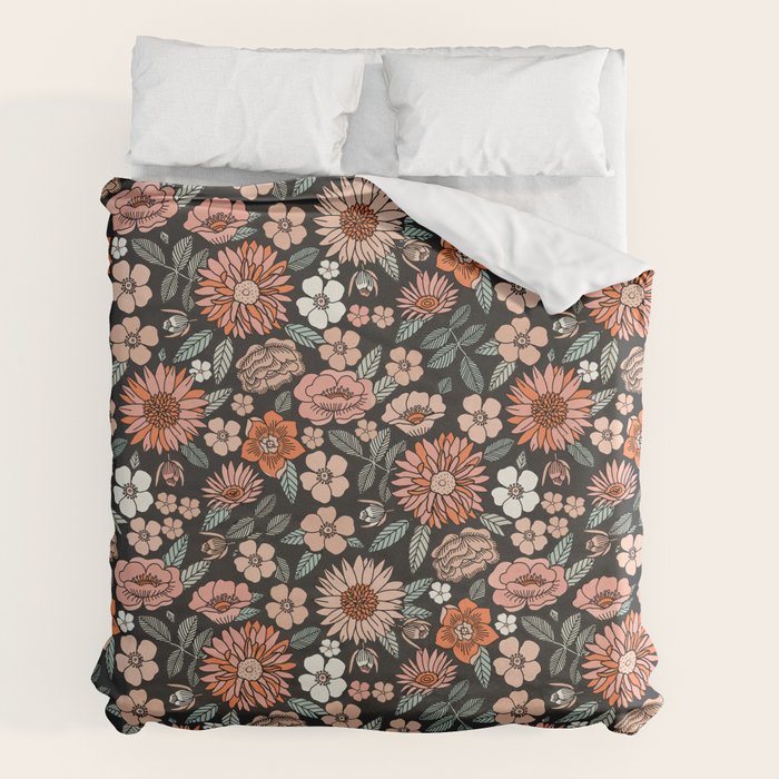 70s flowers - 70s, retro, spring, floral, florals, floral pattern, retro flowers, boho, hippie, earthy, muted Duvet Cover
