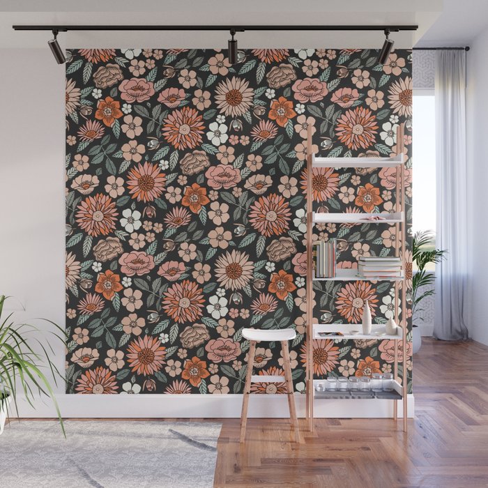 70s flowers - 70s, retro, spring, floral, florals, floral pattern, retro flowers, boho, hippie, earthy, muted Wall Mural