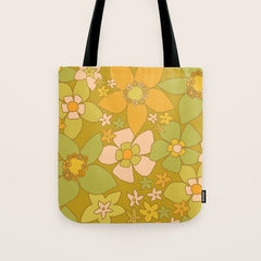 70s groovy retro floral pattern orange brown green handdrawn by surfy birdy  Tote Bag