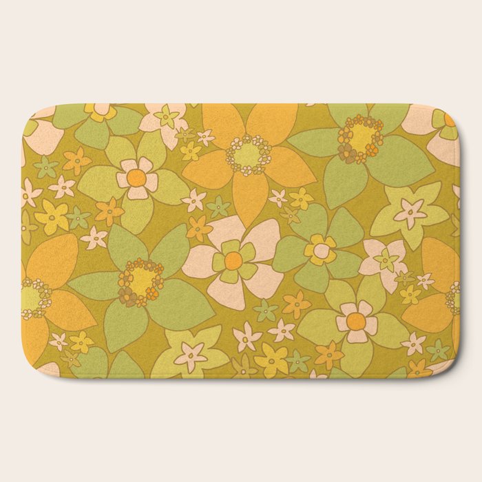 70s groovy retro floral pattern orange brown green handdrawn by surfy birdy  Bath Mat