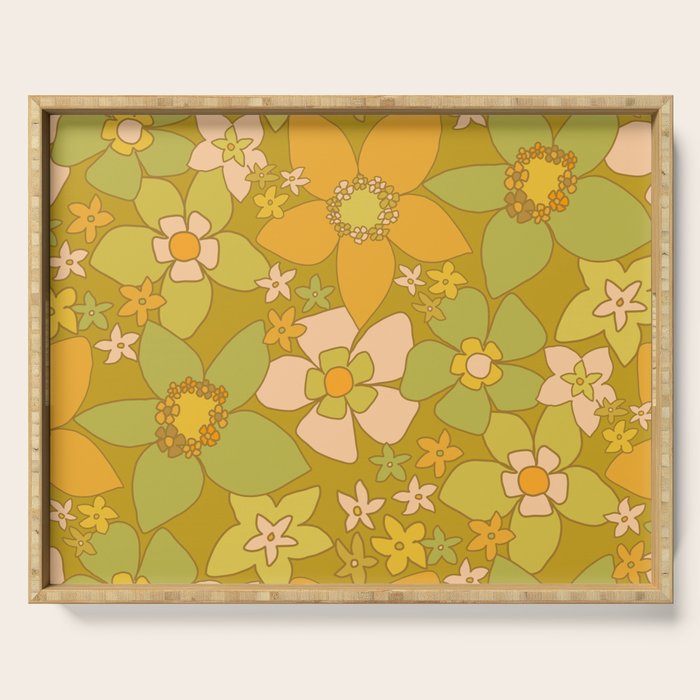 70s groovy retro floral pattern orange brown green handdrawn by surfy birdy  Serving Tray