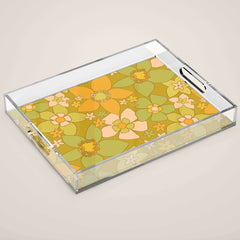 70s groovy retro floral pattern orange brown green handdrawn by surfy birdy  Acrylic Tray