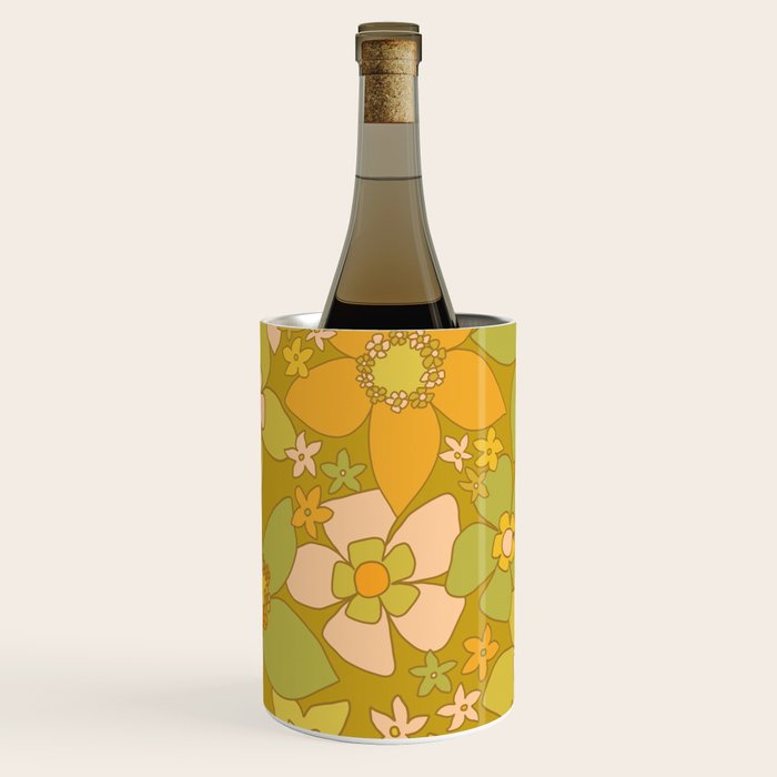 70s groovy retro floral pattern orange brown green handdrawn by surfy birdy  Wine Chiller