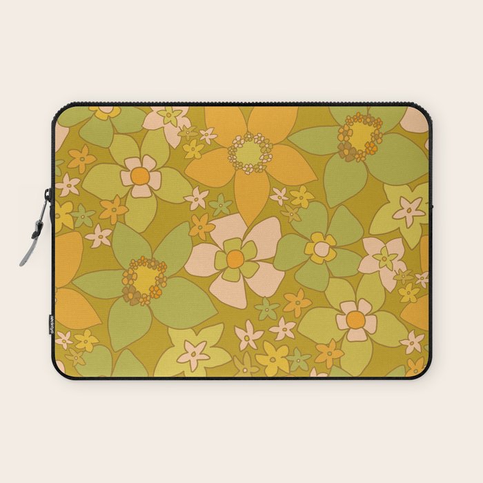 70s groovy retro floral pattern orange brown green handdrawn by surfy birdy  Laptop Sleeve
